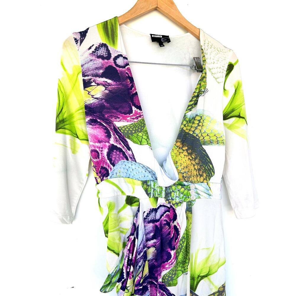 Vintage Roberto Cavalli Y2K Tropical Midi Cocktail Dress Vacation 42 V-Neck US 6 - Picture 5 of 11